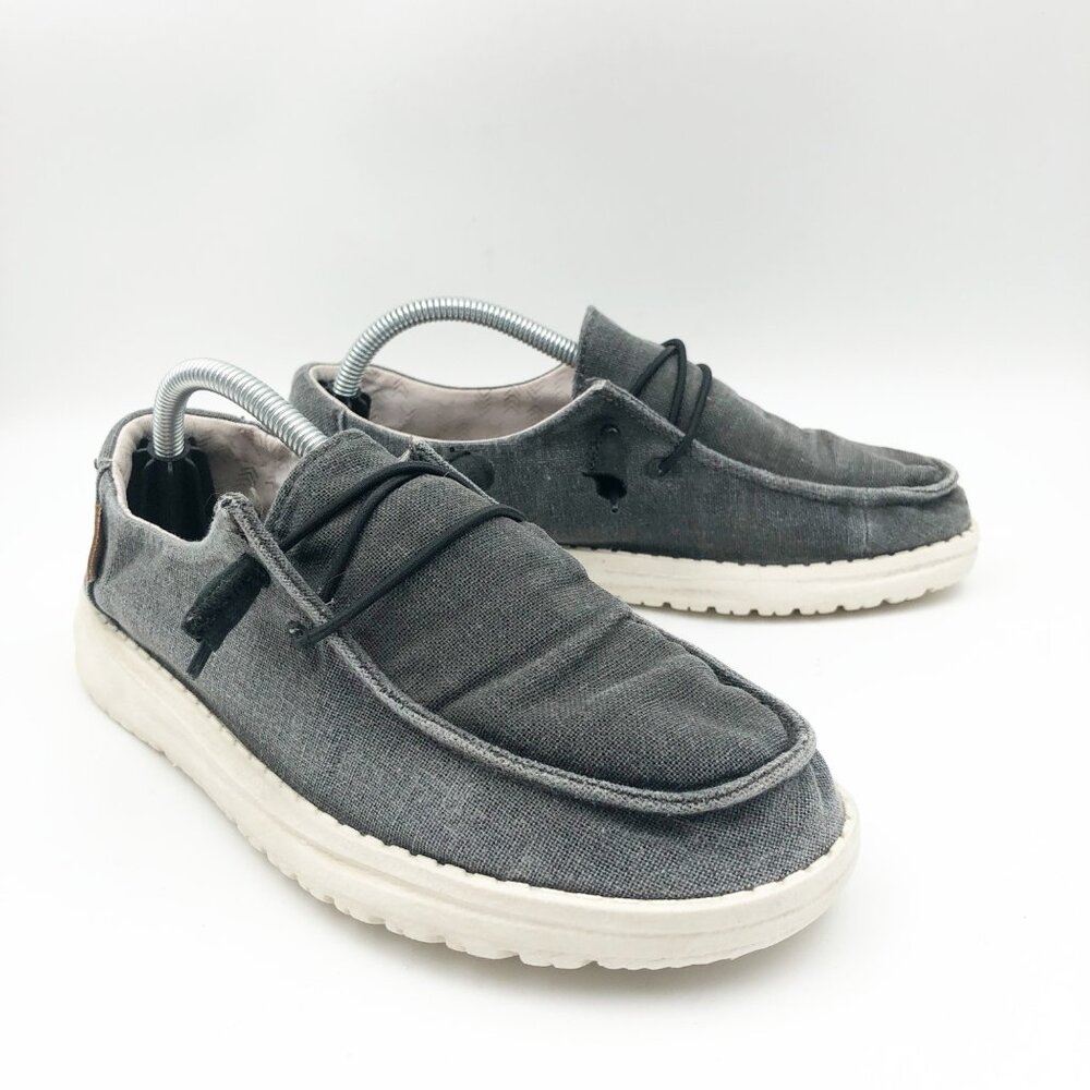 HEY DUDE Wendy Chambray Off Black Slip On Canvas Shoes Loafers Womens 6